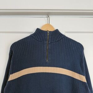 Mens American Eagle Quarter Zip Sweater Large Blue Striped Ribbed Cotton
